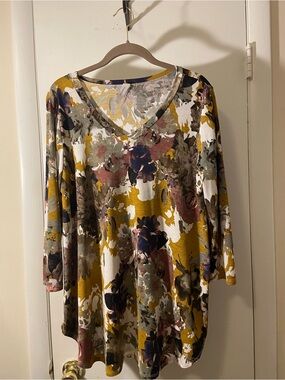Honeyme Mustard Multi Floral V-Neck Tunic Top